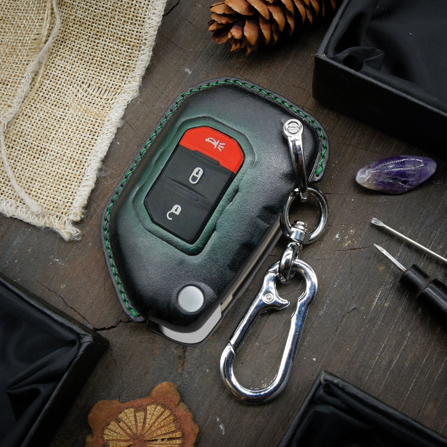 Leather Key Case for 2020-2025 Compass, Cherokee, Wrangler, Grand Cherokee, Wagoneer - Custom Fob Gift