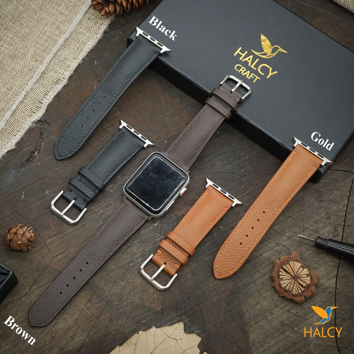 Handmade Epsom Calf Leather Watch Band Fit for Apple watch Series 8, 7, 6, 5, 4, 3 : Choice of adapters and buckle color