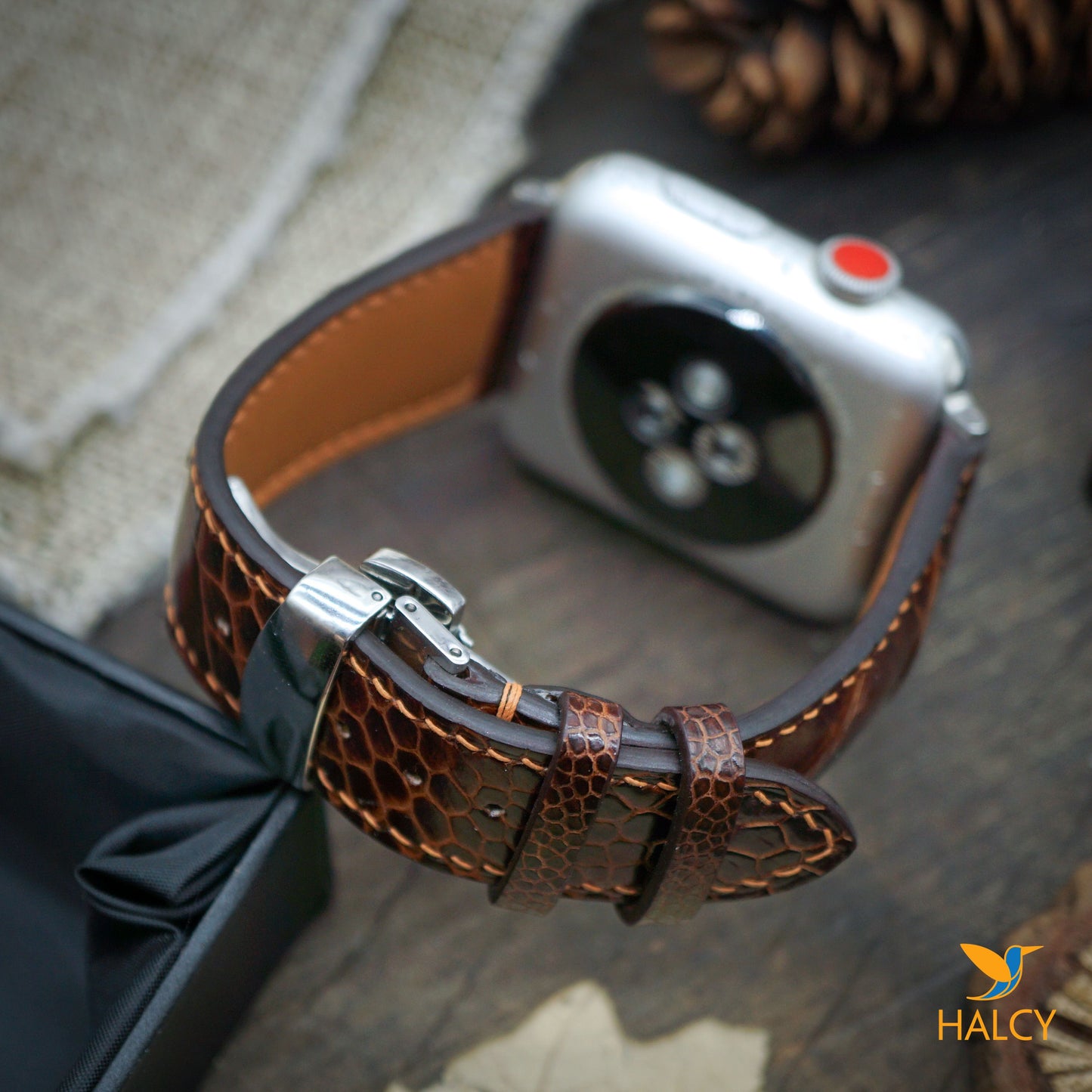 Custom Handmade Ostrich Leg Leather Watch Band Fit for Apple watch Series 8, 7, 6, 5, 4, 3 : Choice of adapters and Steel Butterfly Clasp color
