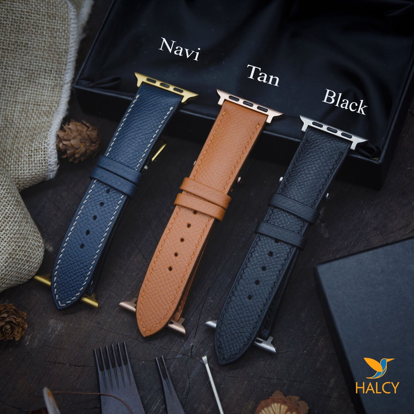 Handmade Epsom Calf Leather Watch Band Fit for Apple watch Series 8, 7, 6, 5, 4, 3 : Choice of adapters and buckle color