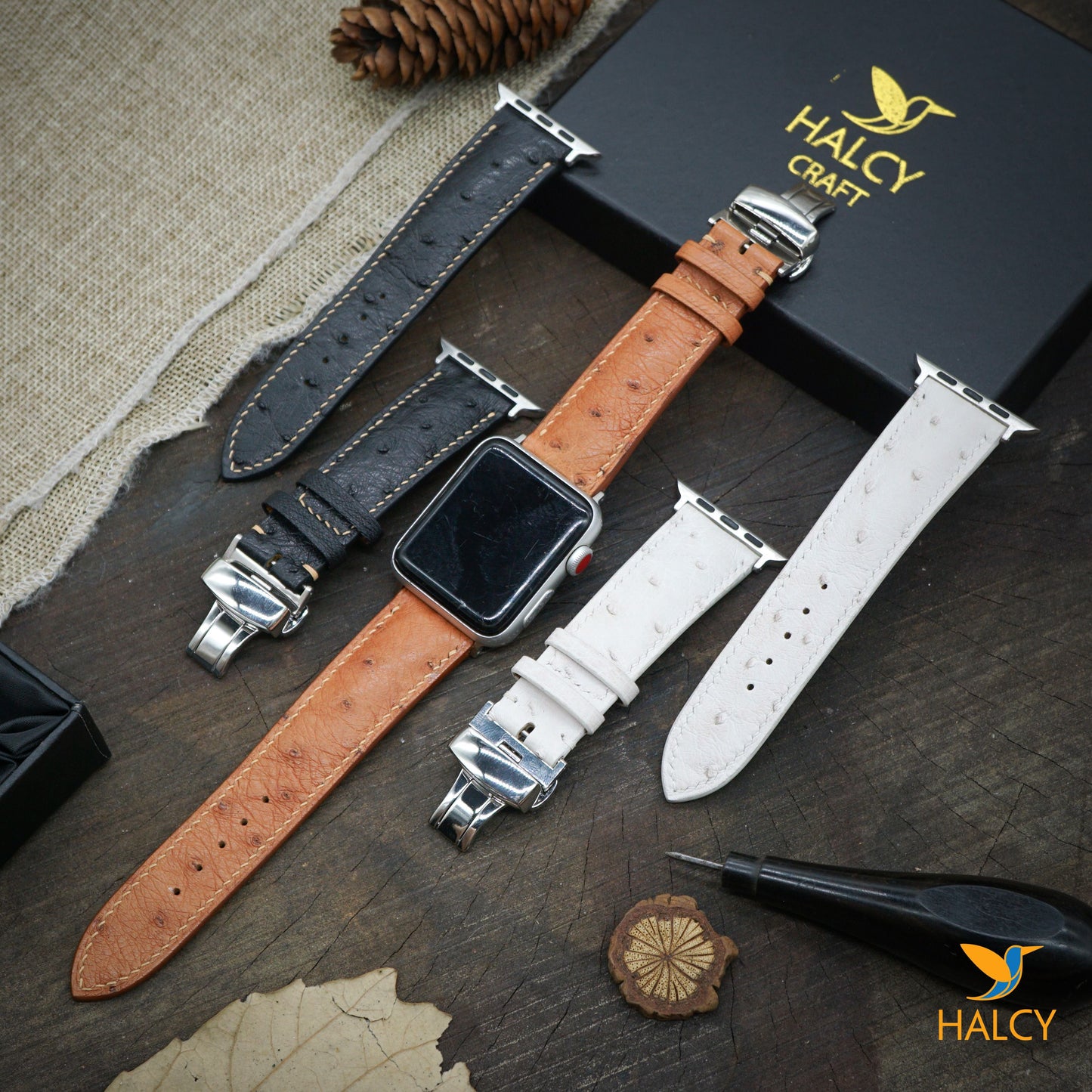 Custom Handmade Ostrich Leather Watch Band Fit for Apple watch Series 8, 7, 6, 5, 4, 3 : Choice of adapters and Steel Butterfly Clasp color