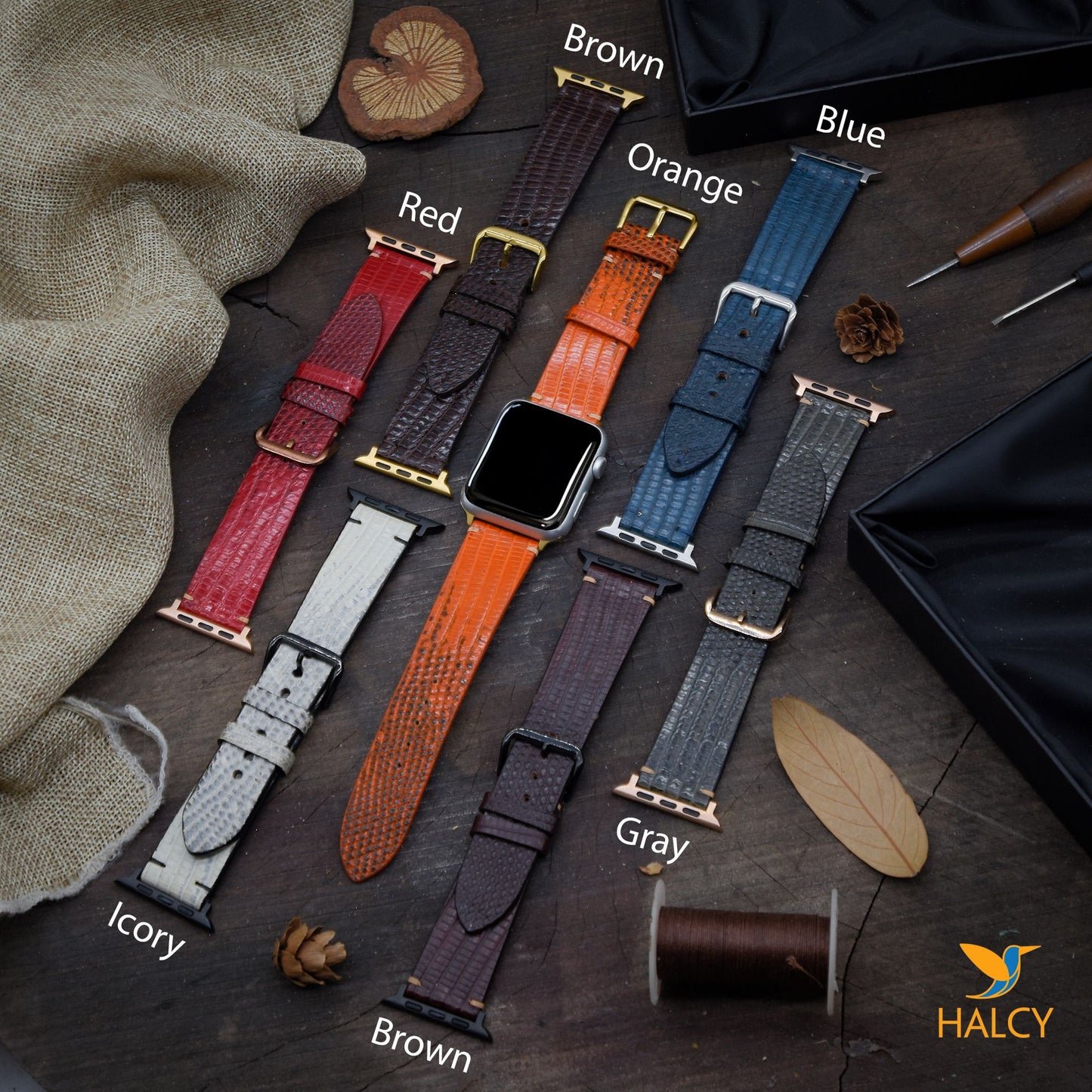 Handmade Lizard Skin Watch Band Fit for Apple watch Series 8, 7, 6, 5, 4, 3 : Choice of adapters and buckle color