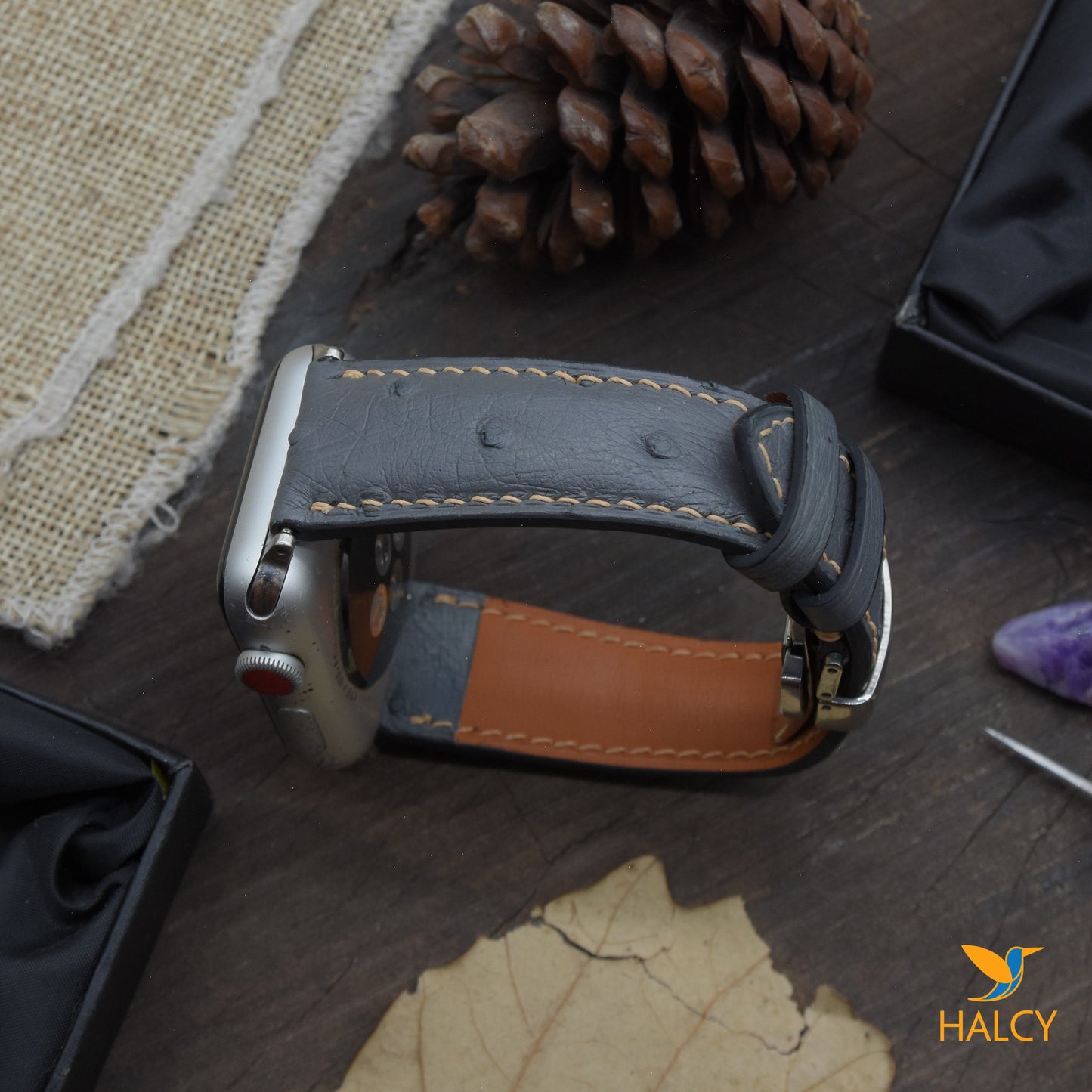 Custom Handmade Ostrich Leather Watch Band Fit for Apple watch Series 8, 7, 6, 5, 4, 3 : Choice of adapters and Steel Butterfly Clasp color