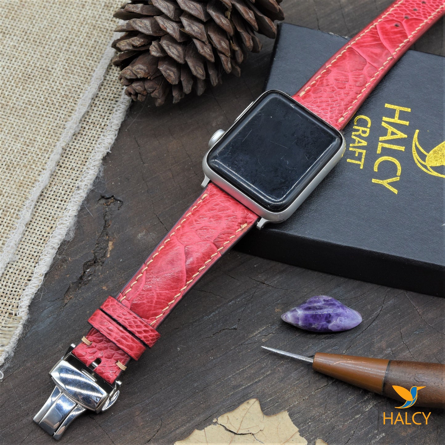 Custom Handmade Brown Ostrich Leg Leather Watch Band Fit for Apple watch Series 8, 7, 6, 5, 4, 3 : Choice of adapters and Steel Butterfly Clasp color