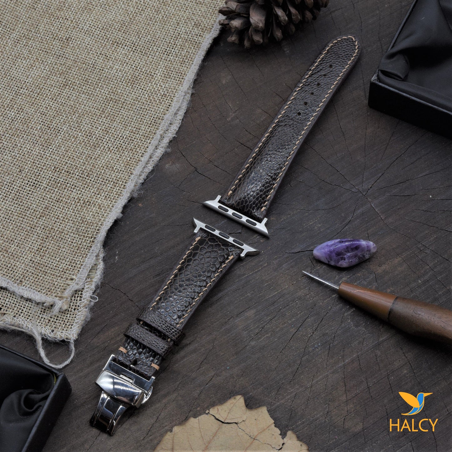 Custom Handmade Brown Ostrich Leg Leather Watch Band Fit for Apple watch Series 8, 7, 6, 5, 4, 3 : Choice of adapters and Steel Butterfly Clasp color