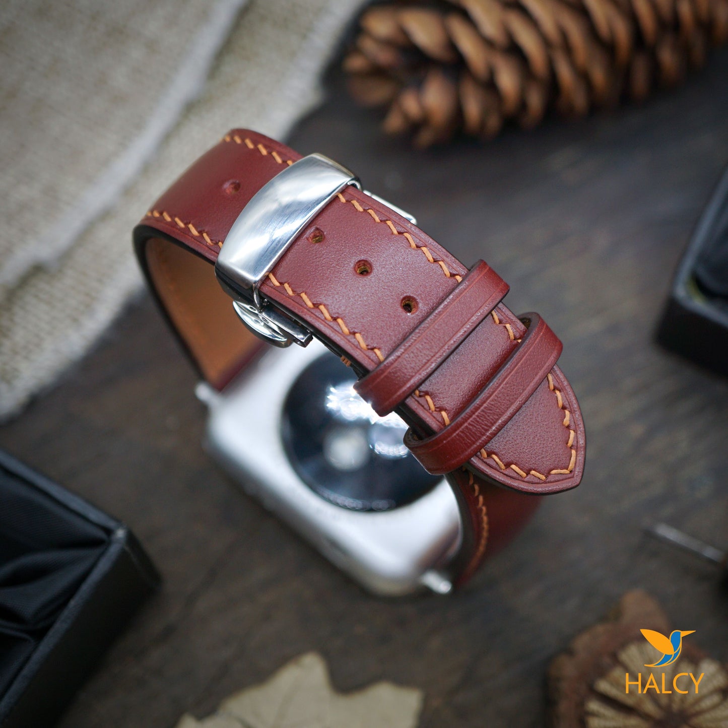 Leather Watch Band Fit for Apple watch Series 8, 7, 6, 5, 4, 3 : Choice of adapters and Steel Butterfly Clasp color