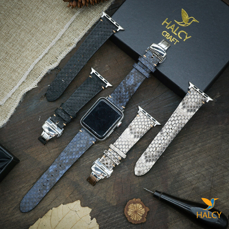 Custom Handmade Python skin is very soft  Watch Band Fit for Apple watch Series 8, 7, 6, 5, 4, 3 : Choice of adapters and Steel Butterfly Clasp color