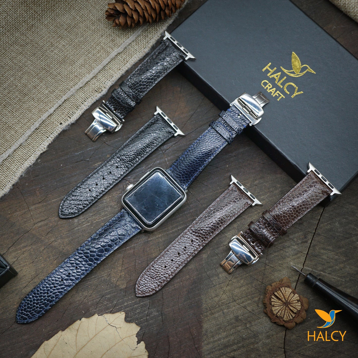 Custom Handmade Ostrich Leg Leather Watch Band Fit for Apple watch Series 8, 7, 6, 5, 4, 3 : Choice of adapters and Steel Butterfly Clasp color