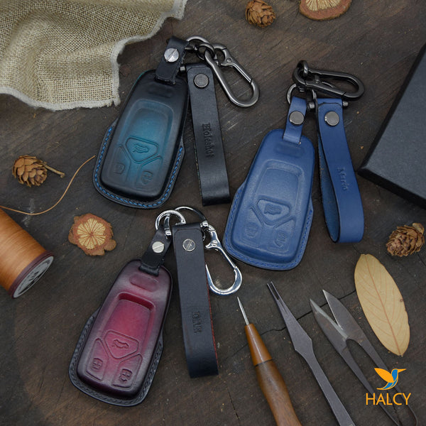 Leather Key Fob Cover fit  for  Audi A4 Q7 Q5 TT A3 A6 SQ5 R8 S5, Personalized Keychain