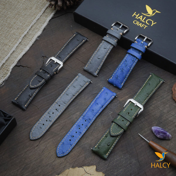 Ostrich Leather Watch strap with quick-release spring bars. Choice of Width - 16mm, 18mm, 20mm, 22mm, 24mm, Etc..