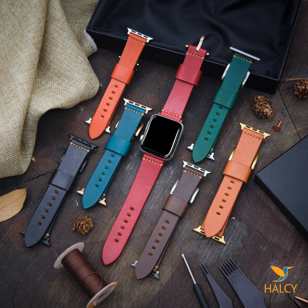 Italian Vegetable tanned Cowhide Leather Watch Band Fit for Apple watch Series 8, 7, 6, 5, 4, 3 :Choice of adapters and buckle color