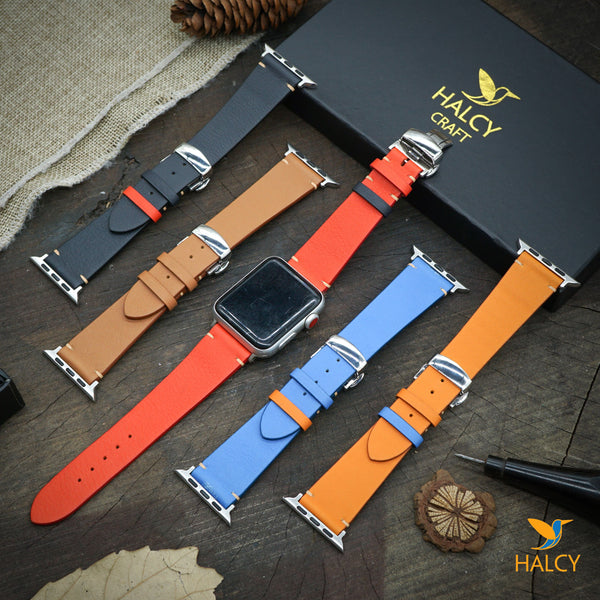 Custom Handmade  Swift Calf Leather Watch Band Fit for Apple watch Very Soft Series 8, 7, 6, 5, 4, 3 : Choice of adapters and Steel Butterfly Clasp color
