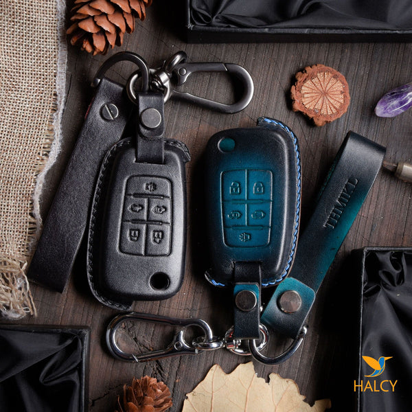 Leather Car Key Fob Cover Fits for Chevrolet Impala, Camaro, Cruze, Equinox, Malibu, Sonic 5 Buttons,  Personalized Keychain