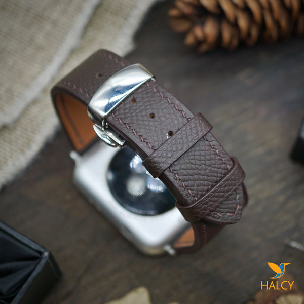 Custom Handmade Brown Epsom Calf Leather Watch Band Fit for Apple watch Series 8, 7, 6, 5, 4, 3 : Choice of adapters and Steel Butterfly Clasp color