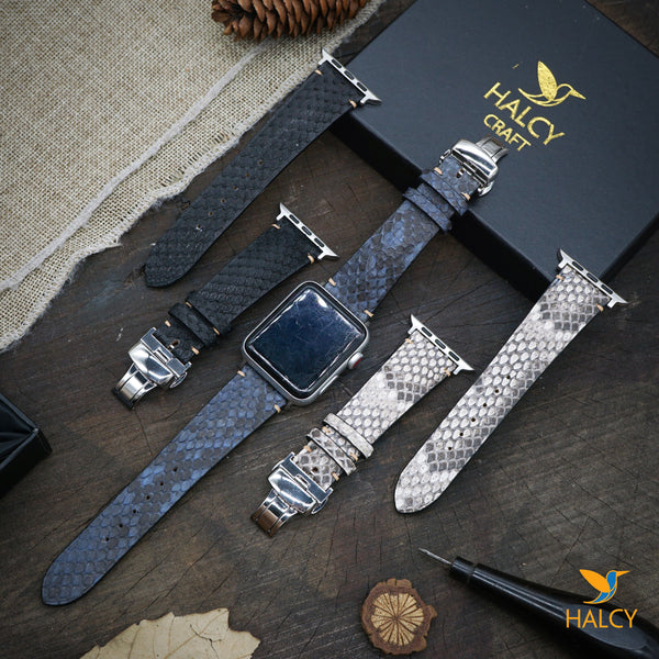 Custom Handmade Python skin is very soft  Watch Band Fit for Apple watch Series 8, 7, 6, 5, 4, 3 : Choice of adapters and Steel Butterfly Clasp color