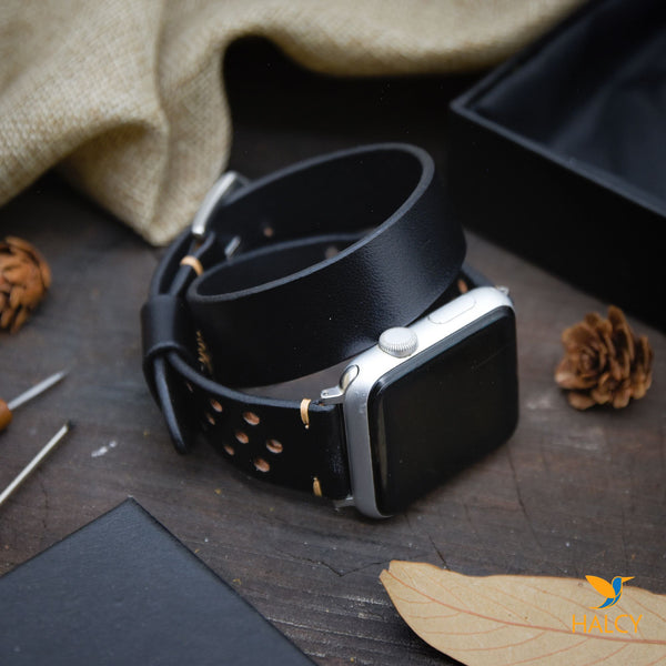 Black Leather Wrap Bracelet for apple watch band, Choice of adapters and buckle color
