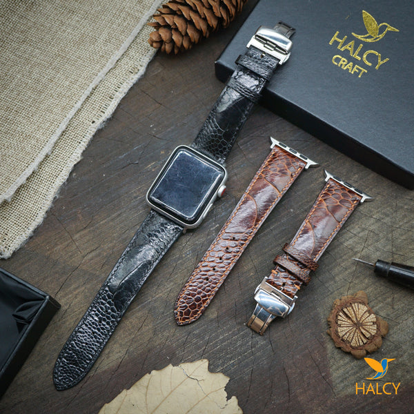 Custom Handmade  Ostrich Leg Leather Watch Band Fit for Apple watch Series 8, 7, 6, 5, 4, 3 : Choice of adapters and Steel Butterfly Clasp color