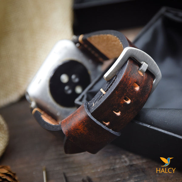 Italian Vegetable tanned Cowhide Leather Watch Band Fit for Apple watch Series 8, 7, 6, 5, 4, 3 :Choice of adapters and buckle color