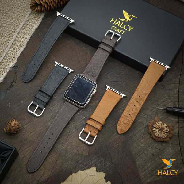 Handmade  Epsom Calf Leather Watch Band Fit for Apple watch Series 8, 7, 6, 5, 4, 3 : Choice of adapters and buckle color