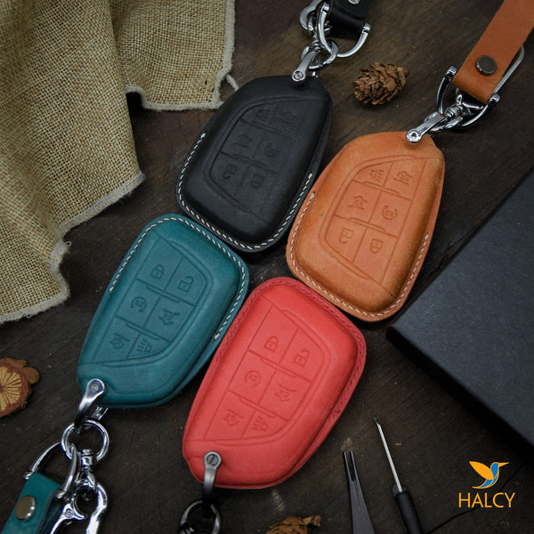 Leather Car Key Fob Cover Fits for Cadillac Escalade 6 buttons 2021,  Personalized Keychain