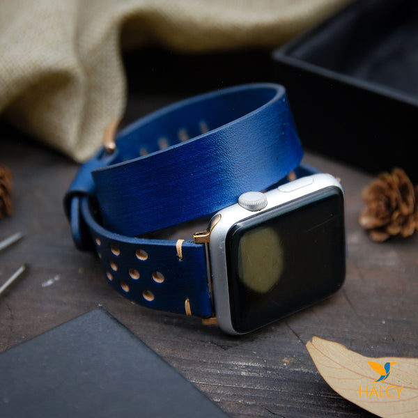 Blue Leather Wrap Bracelet for apple watch band, Choice of adapters and buckle color