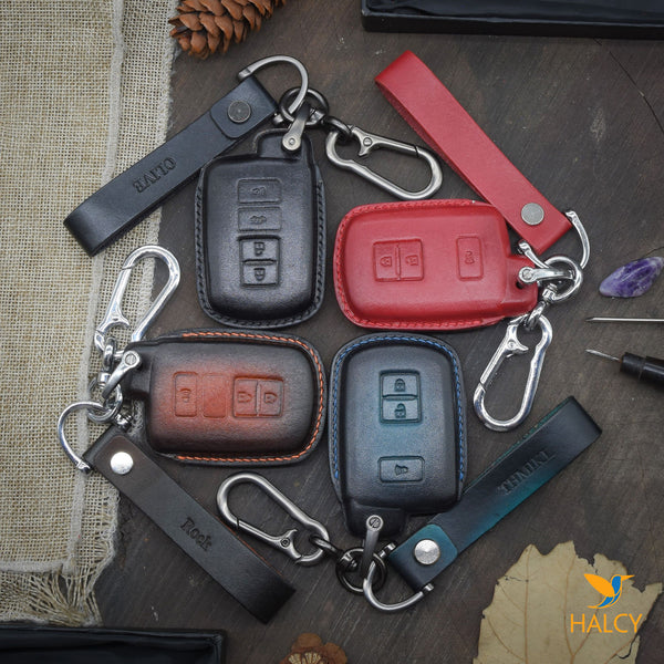 Leather Key fob Cover fit for Toyota 4Runner, Highlander, Prius C,  RAV4, Sequoia, Tacoma, Tundra, Land Cruiser, Avalon, Camry,  Corolla, Personalized Keychain