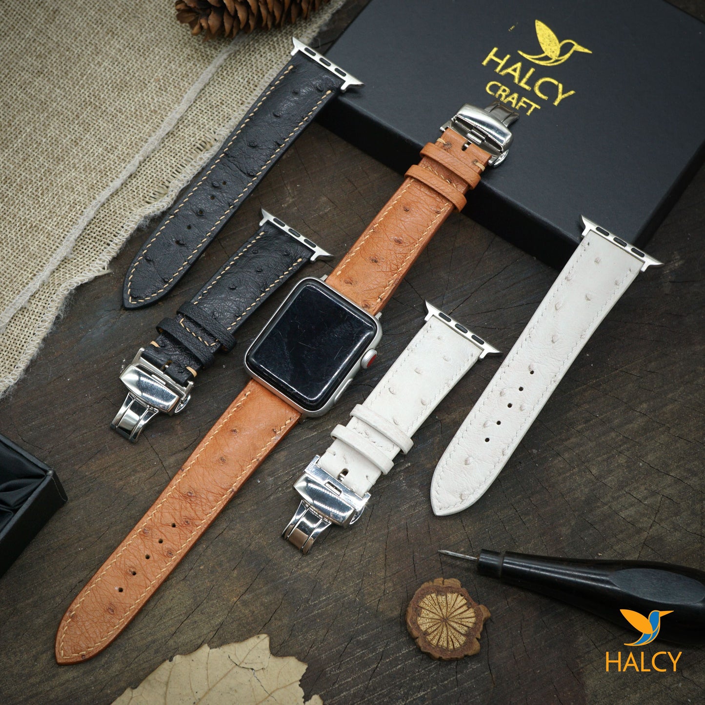 Custom Handmade  Ostrich Leather Watch Band Fit for Apple watch Series 8, 7, 6, 5, 4, 3 : Choice of adapters and Steel Butterfly Clasp color