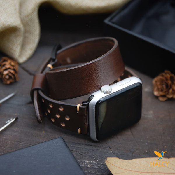 Brown Leather Wrap Bracelet for apple watch band, Choice of adapters and buckle color