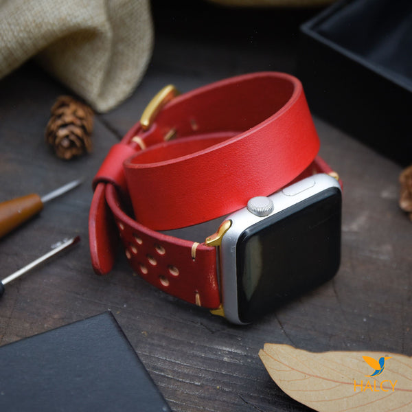 Red Leather Wrap Bracelet for apple watch band, Choice of adapters and buckle color