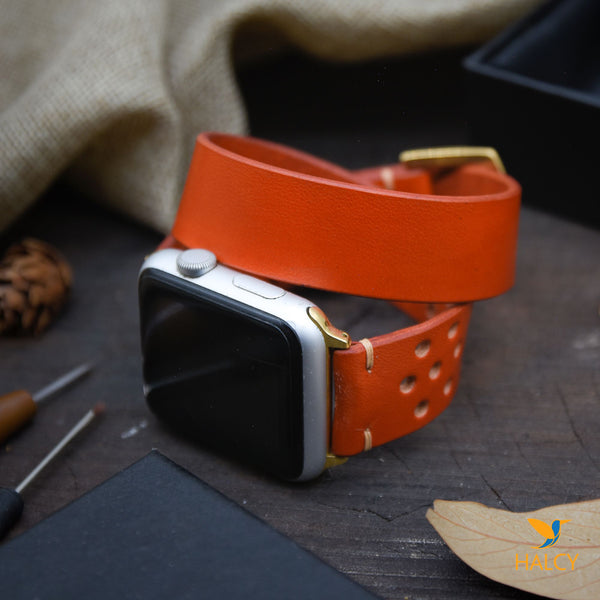 Orange Leather Wrap Bracelet for apple watch band, Choice of adapters and buckle color