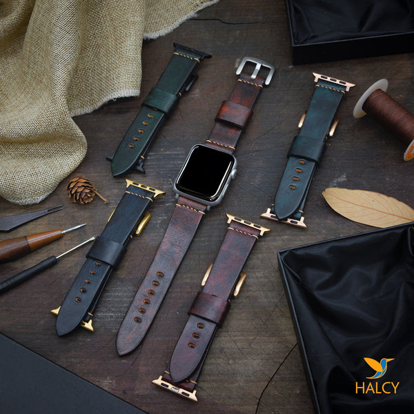 Italian Vegetable tanned Cowhide Leather Watch Band Fit for Apple watch Series 8, 7, 6, 5, 4, 3 :Choice of adapters and buckle color