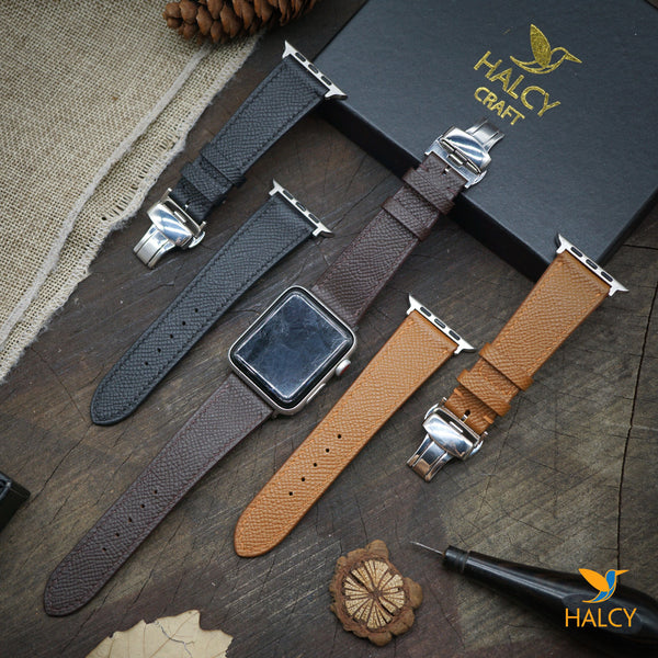 Custom Handmade Epsom Calf Leather Watch Band Fit for Apple watch Series 8, 7, 6, 5, 4, 3 : Choice of adapters and Steel Butterfly Clasp color