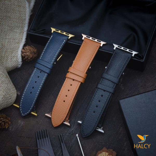 Handmade  Epsom Calf Leather Watch Band Fit for Apple watch Series 8, 7, 6, 5, 4, 3 : Choice of adapters and buckle color