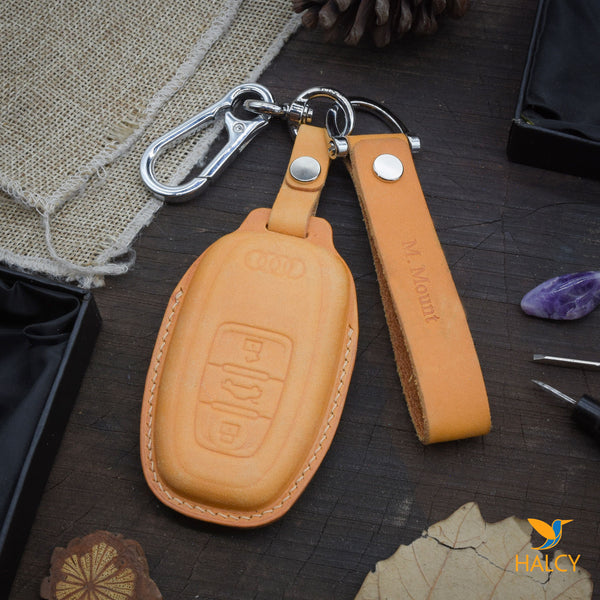 Leather Key Fob Cover fit  for  Audi A4 Q7 Q5 TT A3 A6 SQ5 R8 S5, Personalized Keychain