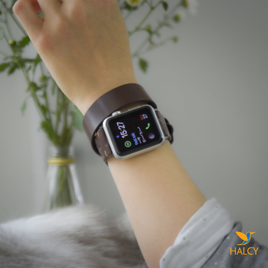 Brown Leather Wrap Bracelet for apple watch band, Choice of adapters and buckle color