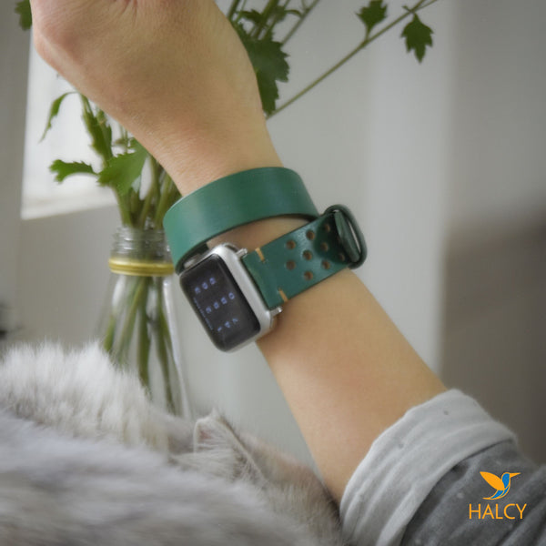Green Leather Wrap Bracelet for apple watch band, Choice of adapters and buckle color