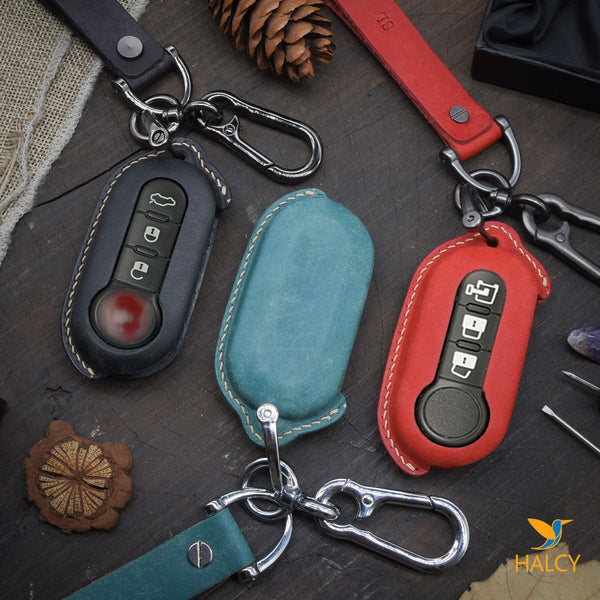 Leather Car Key Fob Cover Fit for Fiat 500 500C 500L 500X, Ect.. Personalized Keychain