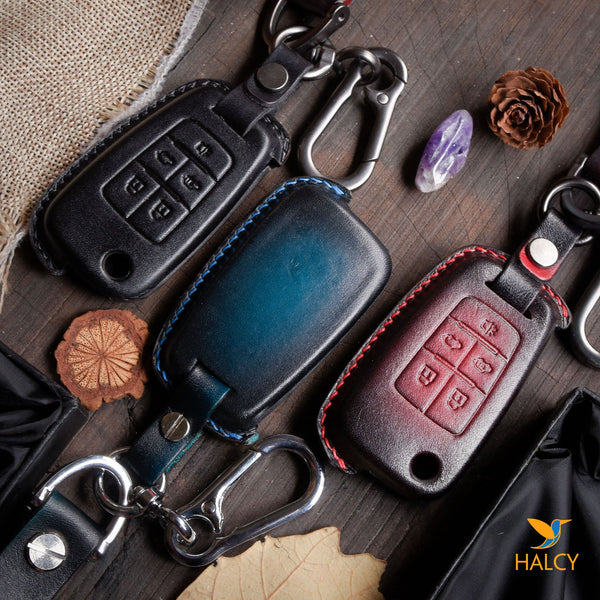 Leather Car Key Fob Cover Fits for Chevrolet Impala, Camaro, Cruze, Equinox, Malibu, Sonic 5 Buttons,  Personalized Keychain