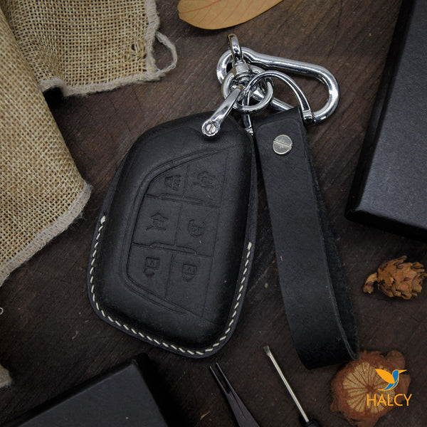 Leather Car Key Fob Cover Fits for Cadillac Escalade 6 buttons 2021,  Personalized Keychain