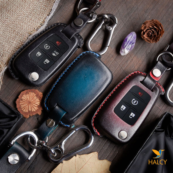 Leather Car Key Fob Cover Fits for Chevrolet Impala, Camaro, Cruze, Equinox, Malibu, Sonic,  Volt, Spark EV,  Personalized Keychain