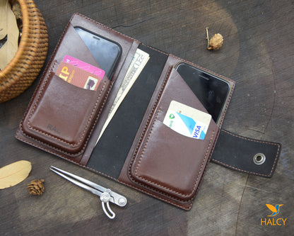 Leather Dual Phone Case, Leather Double iPhone Case, Case Holds Two Phones, Slanted 2 Phone Holster, Leather Two phone case