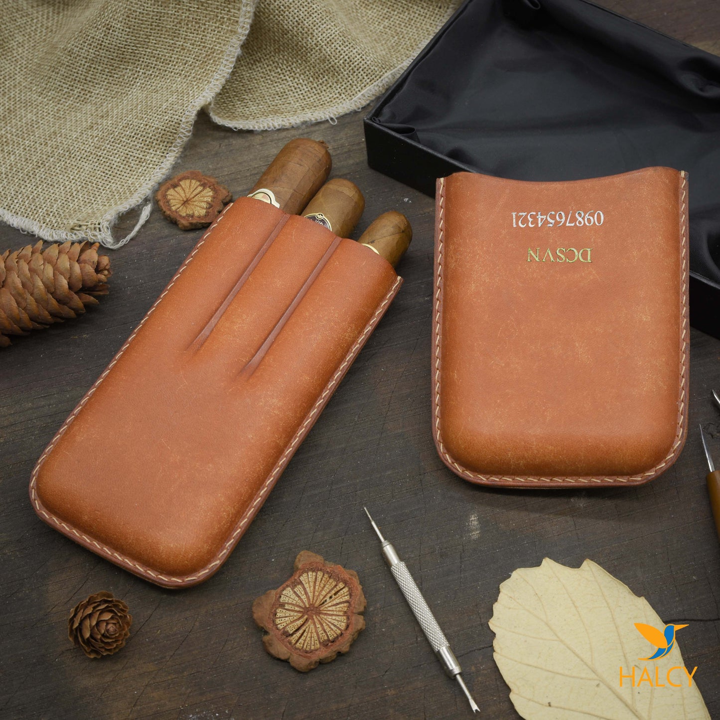 Luxury cigar case, custom cigar cover, personalized leather cigar  case, Triple cigar case, Full Grain Italian Vegetable Tanned Cowhide