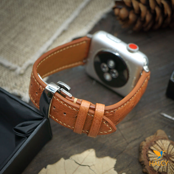Custom Handmade  Ostrich Leather Watch Band Fit for Apple watch Series 8, 7, 6, 5, 4, 3 : Choice of adapters and Steel Butterfly Clasp color