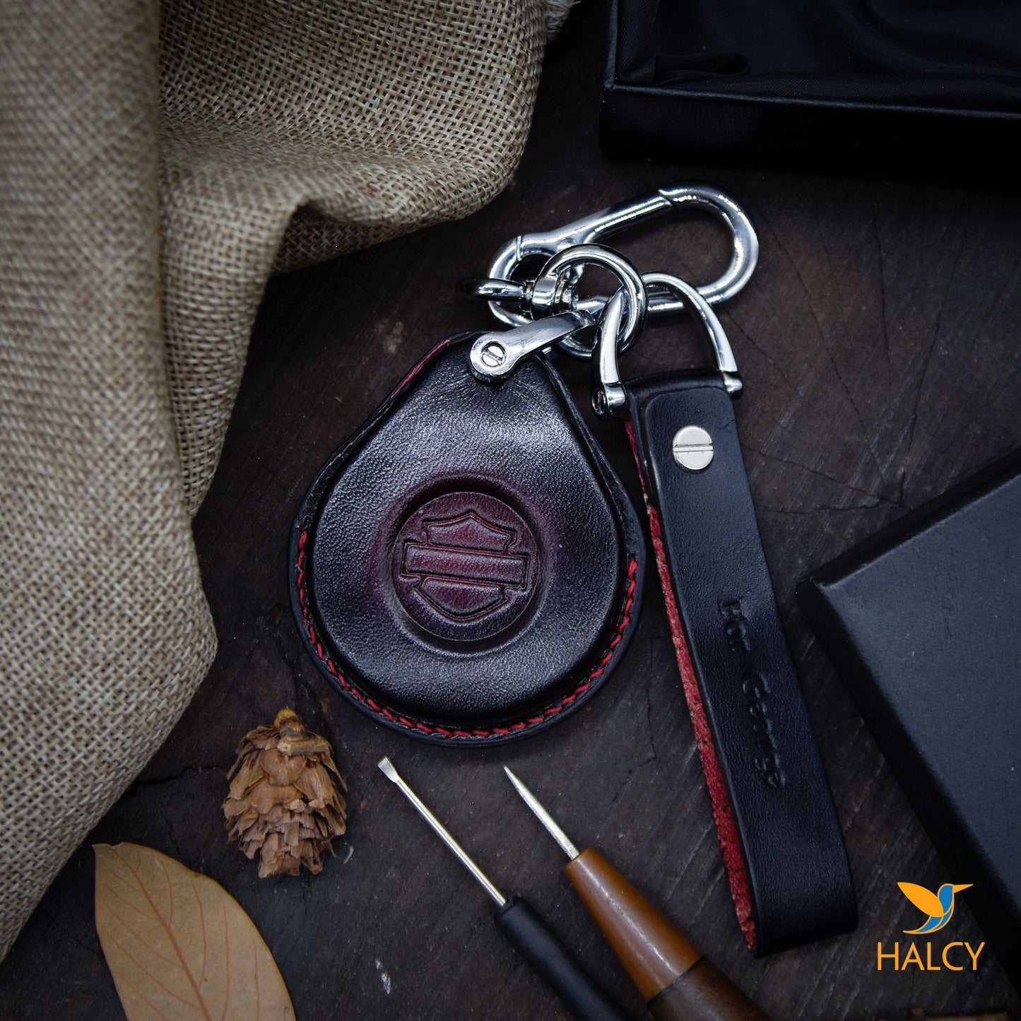 Fob Cover fit for Harley Davidson, Personalized leather Smart Key, Italian Full Grain Veg-Tanned Leather with Keychain Initials embossing