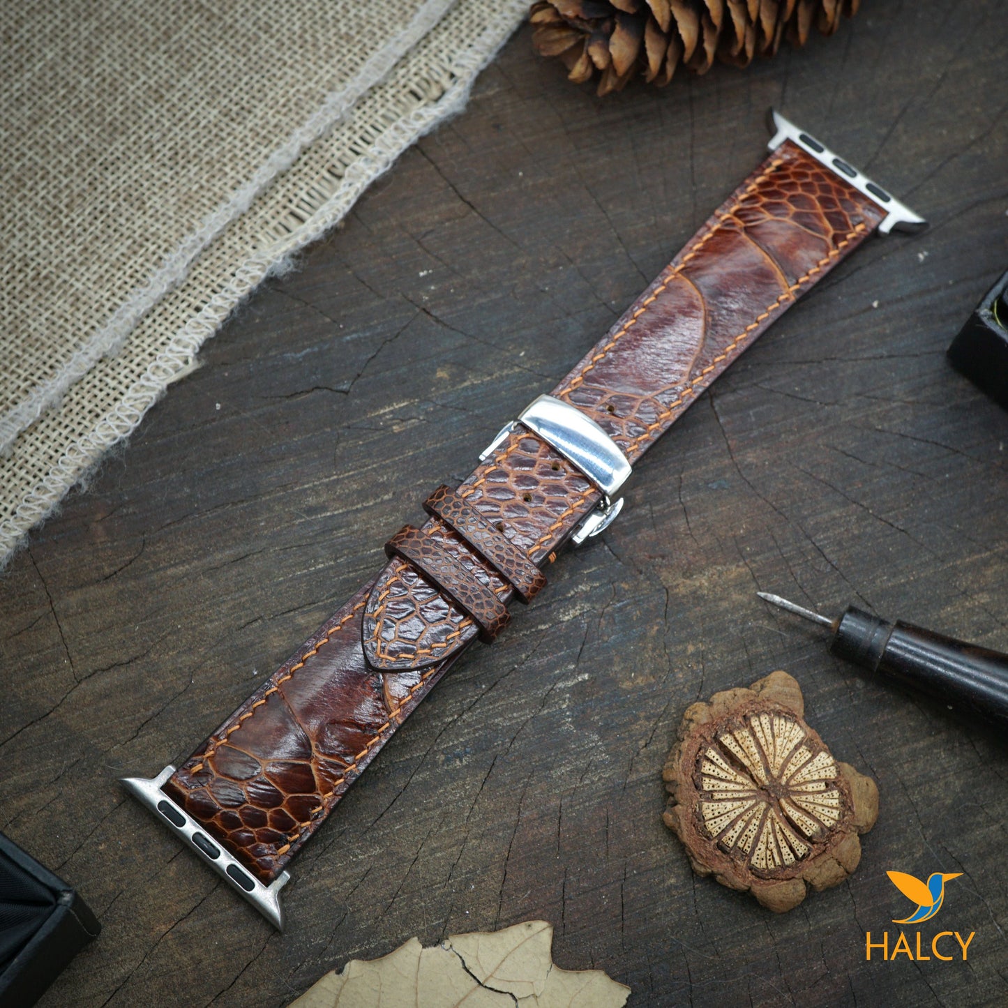 Custom Handmade  Ostrich Leg Leather Watch Band Fit for Apple watch Series 8, 7, 6, 5, 4, 3 : Choice of adapters and Steel Butterfly Clasp color