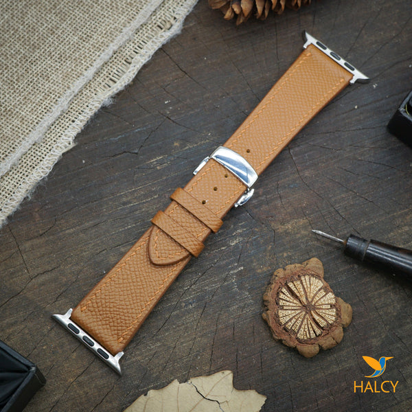 Custom Handmade Epsom Calf Leather Watch Band Fit for Apple watch Series 8, 7, 6, 5, 4, 3 : Choice of adapters and Steel Butterfly Clasp color