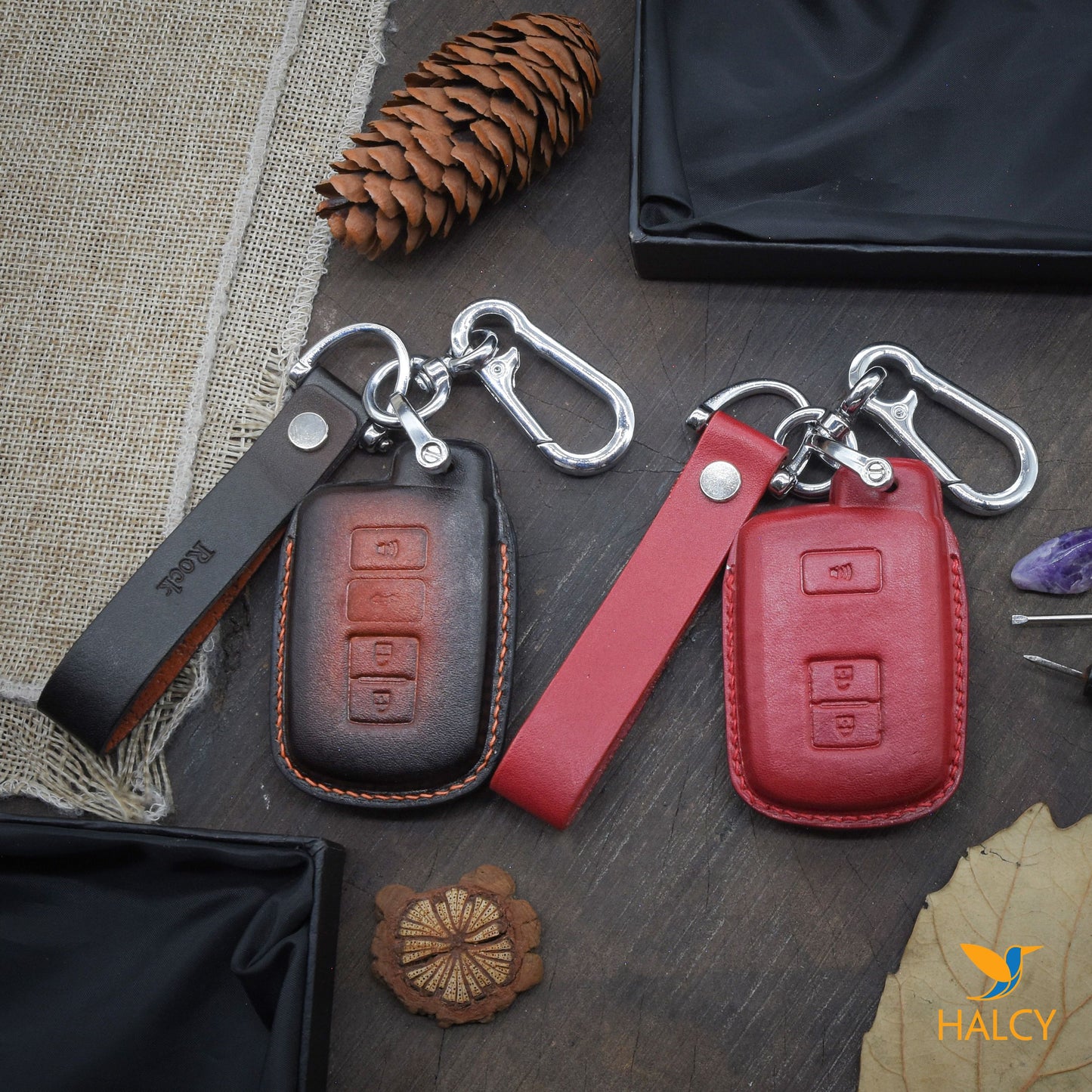 Leather Key fob Cover fit for Toyota 4Runner, Highlander, Prius C,  RAV4, Sequoia, Tacoma, Tundra, Land Cruiser, Avalon, Camry,  Corolla, Personalized Keychain