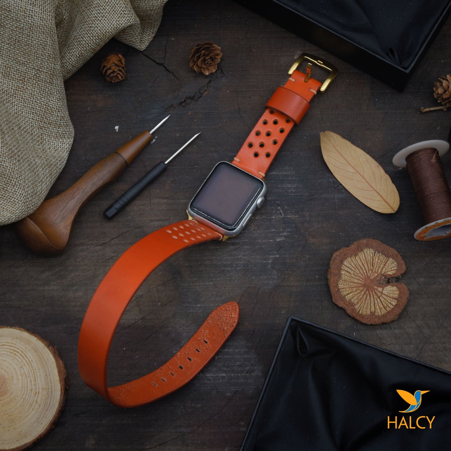 Orange Leather Wrap Bracelet for apple watch band, Choice of adapters and buckle color