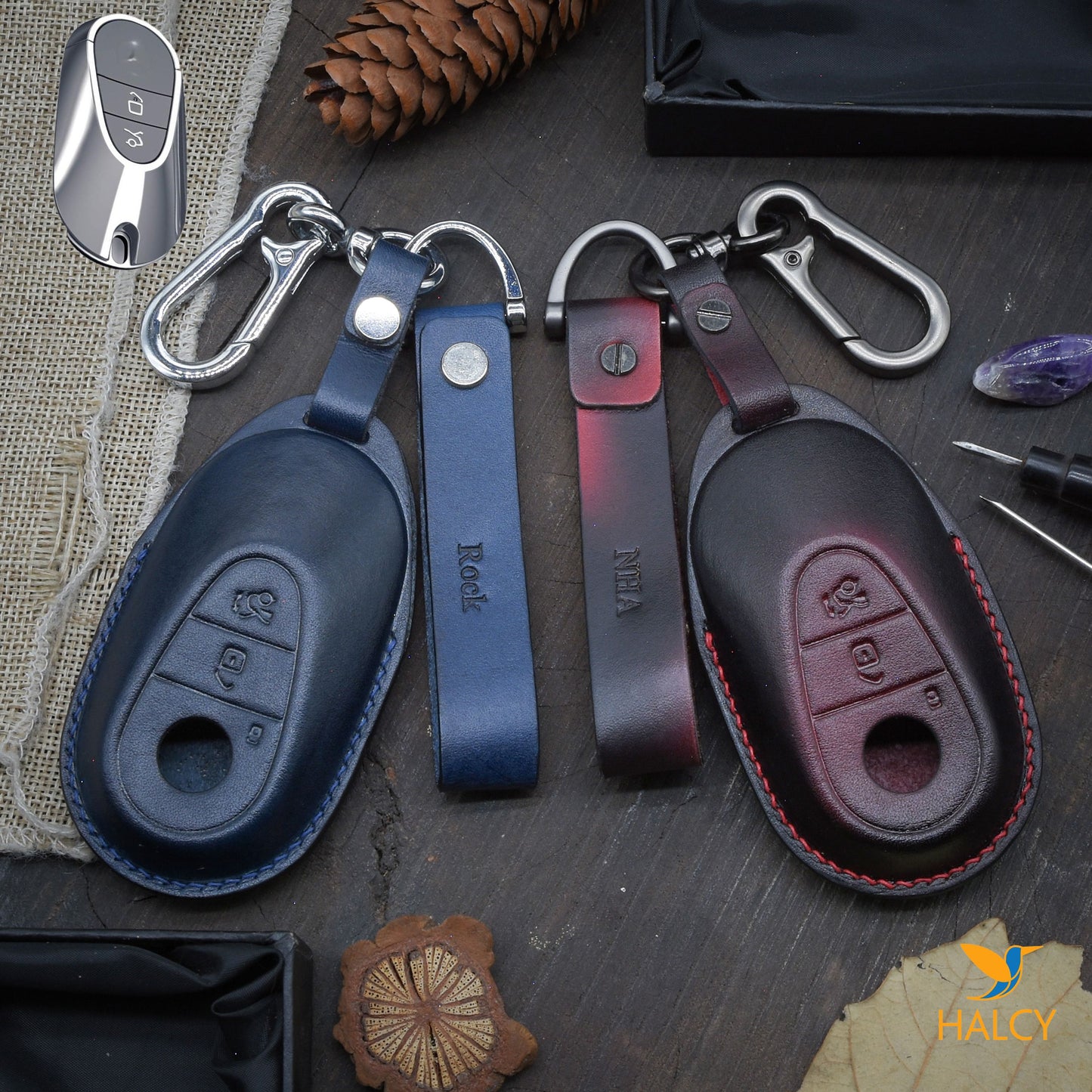 Custom Leather Key Fob Cover Fit for Mercedes-Benz 2021, S,  G Class,  S400L,  S450L,  S500L, GLE,  GLB, W223 etc with Keychain Initials embossing