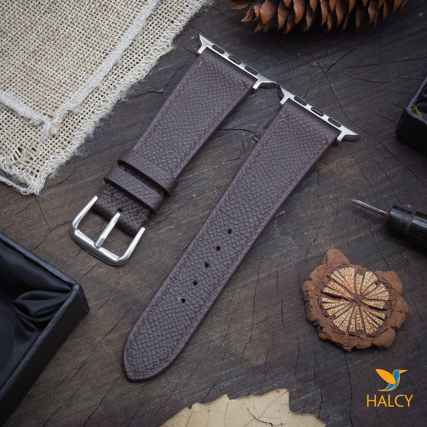 Handmade  Epsom Calf Leather Watch Band Fit for Apple watch Series 8, 7, 6, 5, 4, 3 : Choice of adapters and buckle color